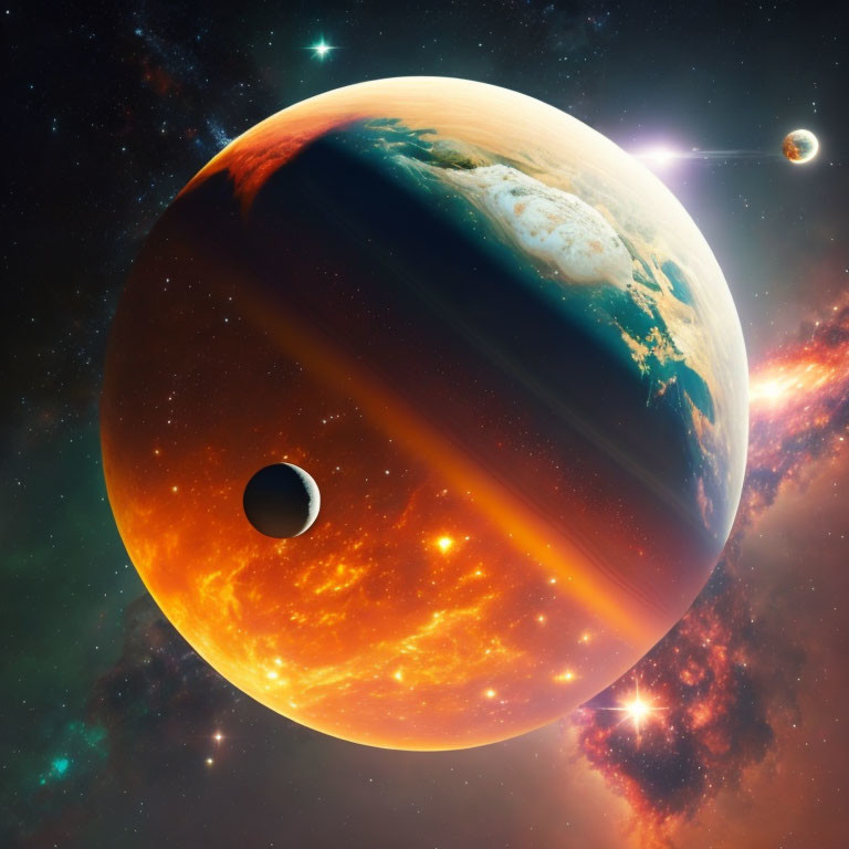 Vivid Space Illustration: Large Fiery Orange Planet with Moons in Starry Nebula