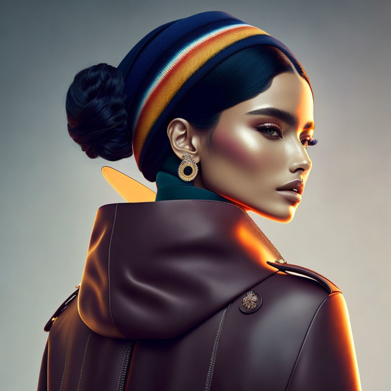 Colorful headband woman digital artwork with sleek makeup and leather jacket