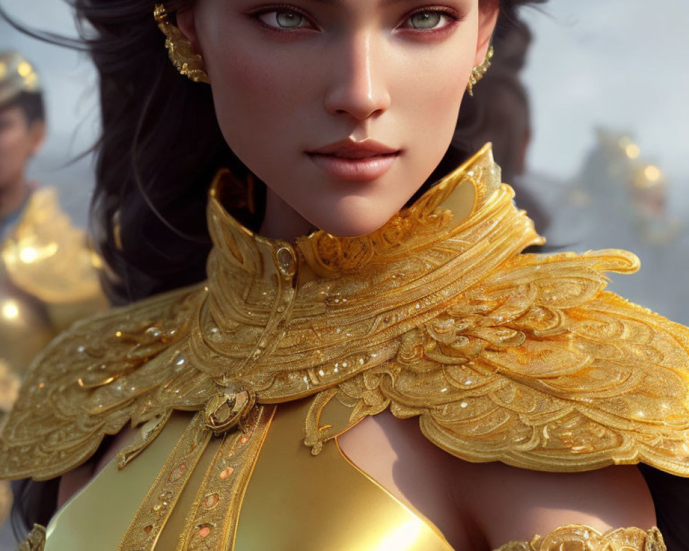 CGI portrait of woman in golden armor with green eyes