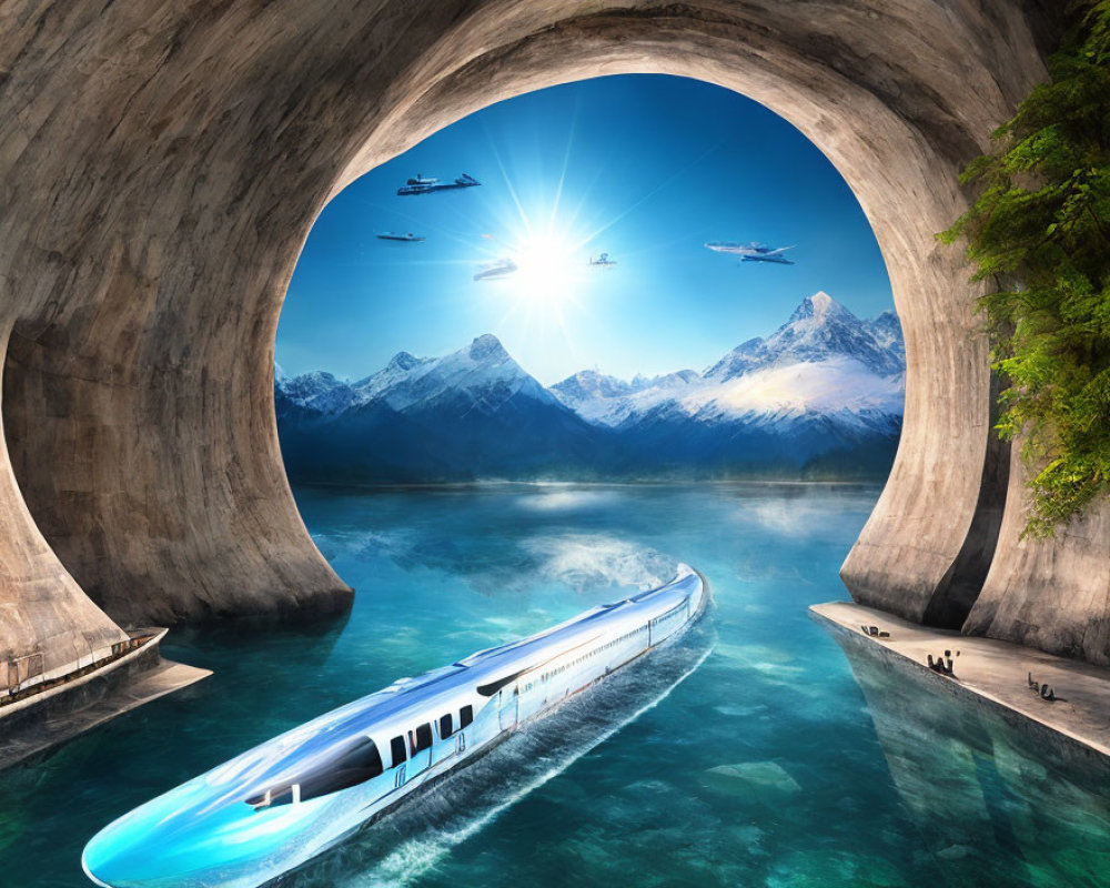 Futuristic train over water under archway with mountains and flying spaceships