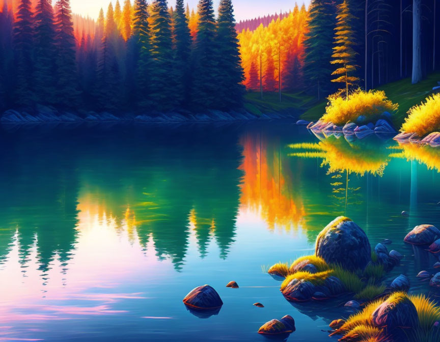 Colorful Trees Reflecting in Still Lake at Sunset