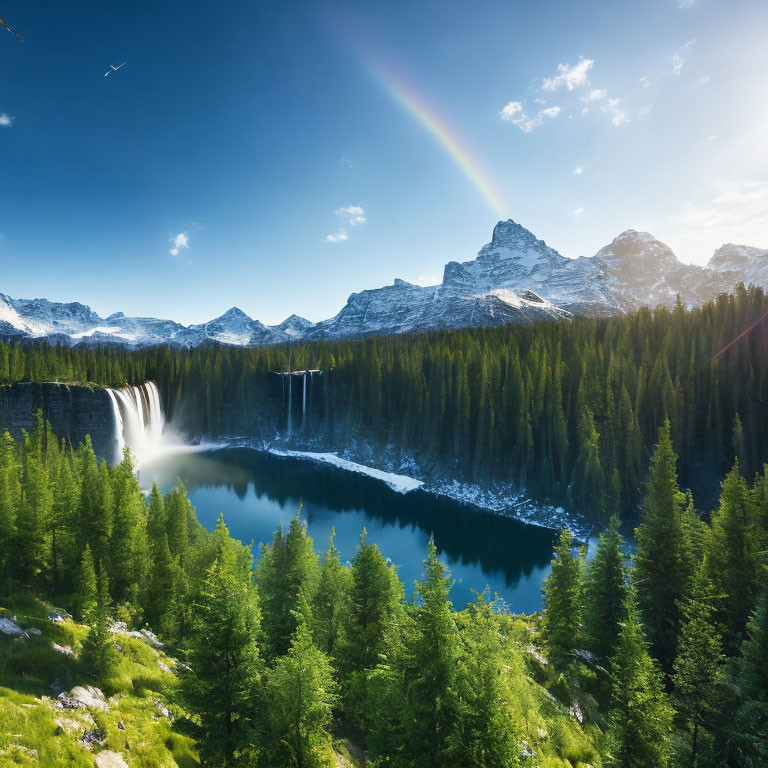 Rainbow over mountain landscape with waterfall, forest, and lake