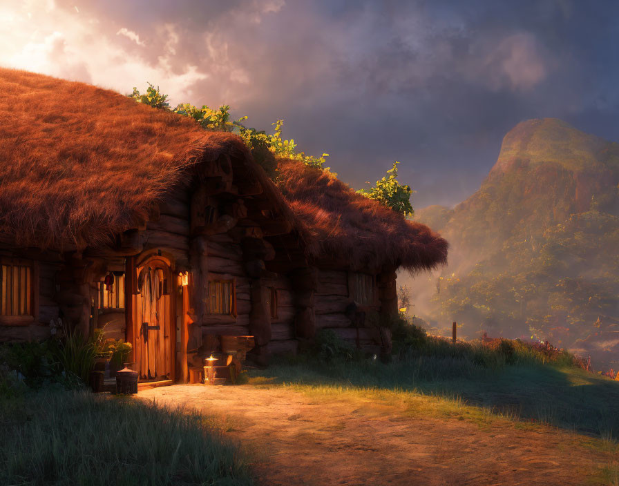 Rustic thatched cottage in warm sunlight with greenery and mountains.