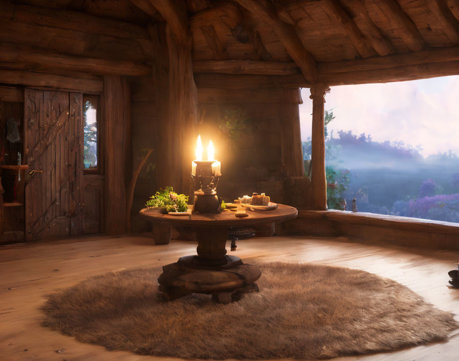 Rustic wooden cabin interior with candle, fur rug, and forest view