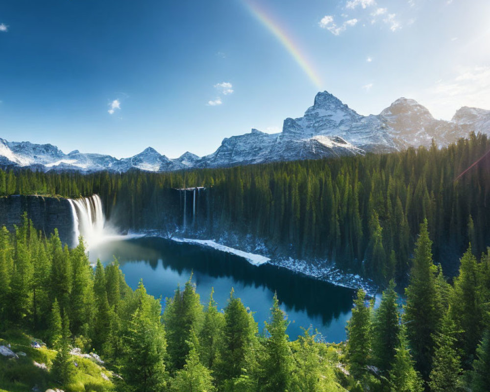 Rainbow over mountain landscape with waterfall, forest, and lake