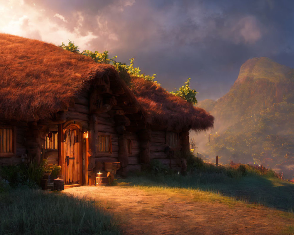 Rustic thatched cottage in warm sunlight with greenery and mountains.