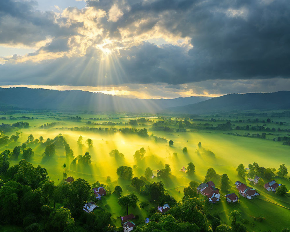Scattered houses and trees under sunbeams in lush valley