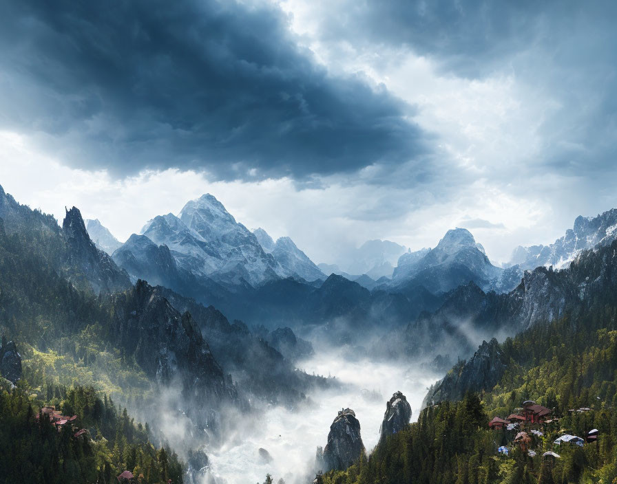Misty forested mountains and village under stormy sky