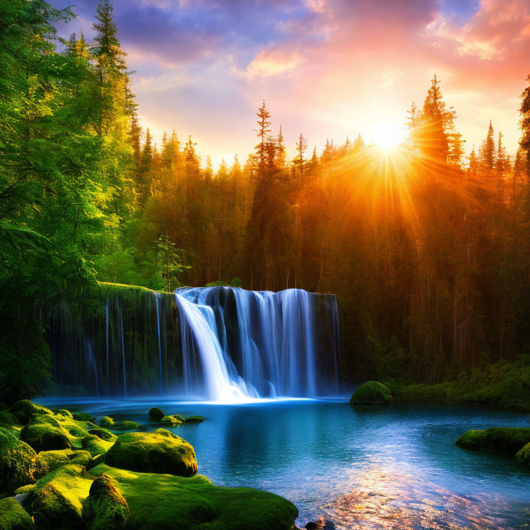 Tranquil forest scene with sunset over serene waterfall
