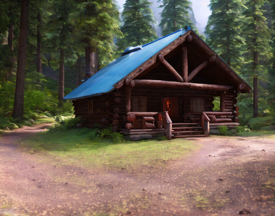 Rustic log cabin with blue roof in dense pine forest.