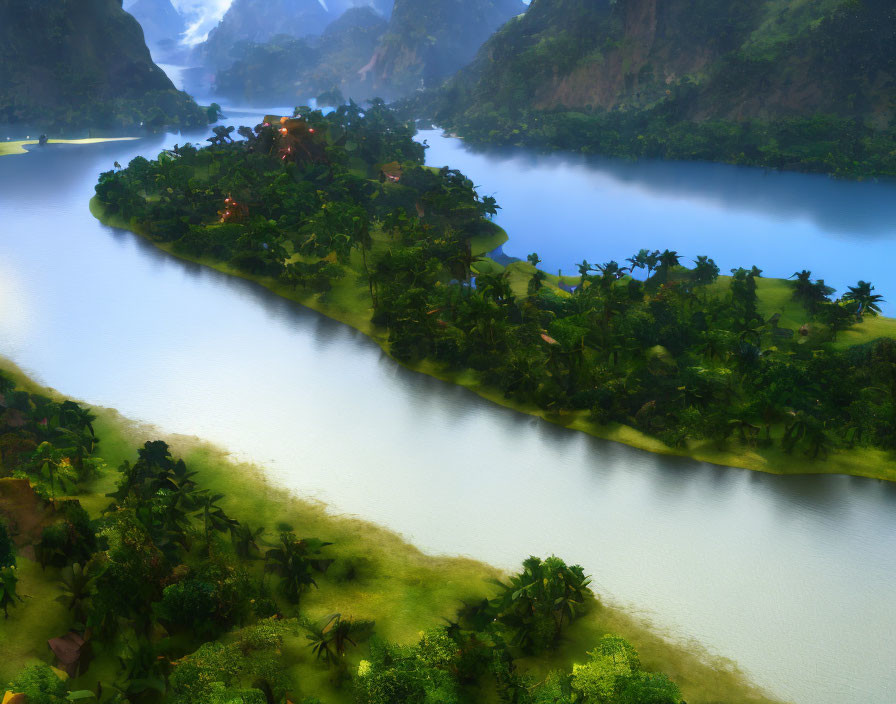 Serene River in Lush Tropical Landscape with Mist and Mountains