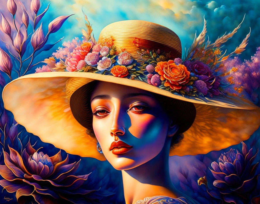 Colorful Painting of Woman in Floral Hat with Realism and Surreal Hues