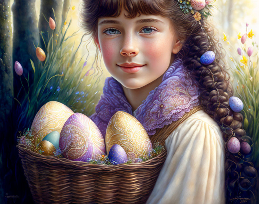 Young girl with braided hair and floral crown holding Easter eggs in sunlit forest.