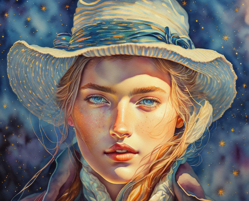 Digital Art Portrait of Woman with Starry Background and Constellation Freckles