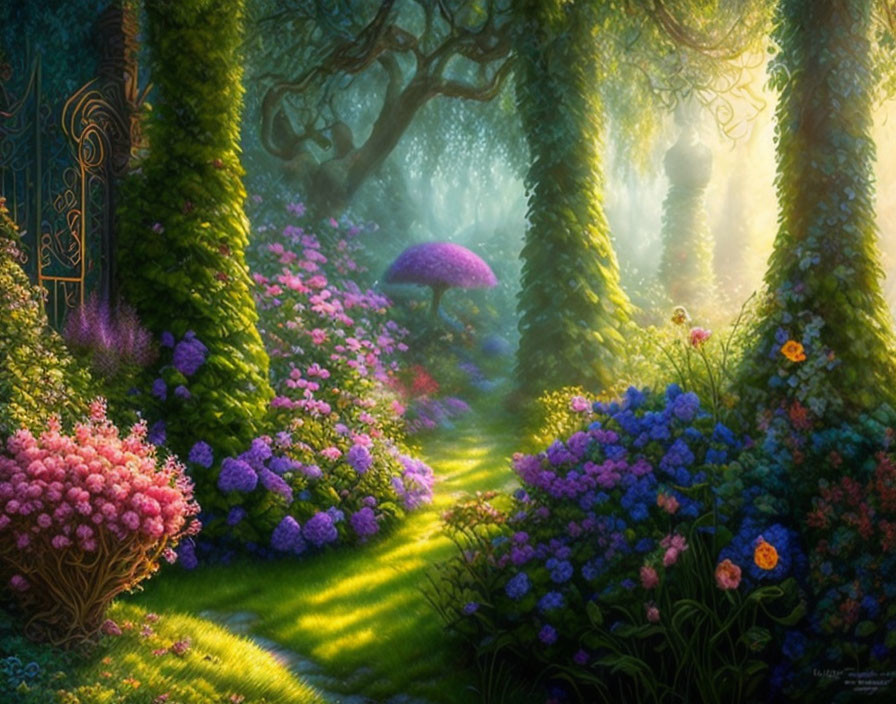Lush Green Trees, Cobblestone Path, Colorful Flowers in Enchanted Forest
