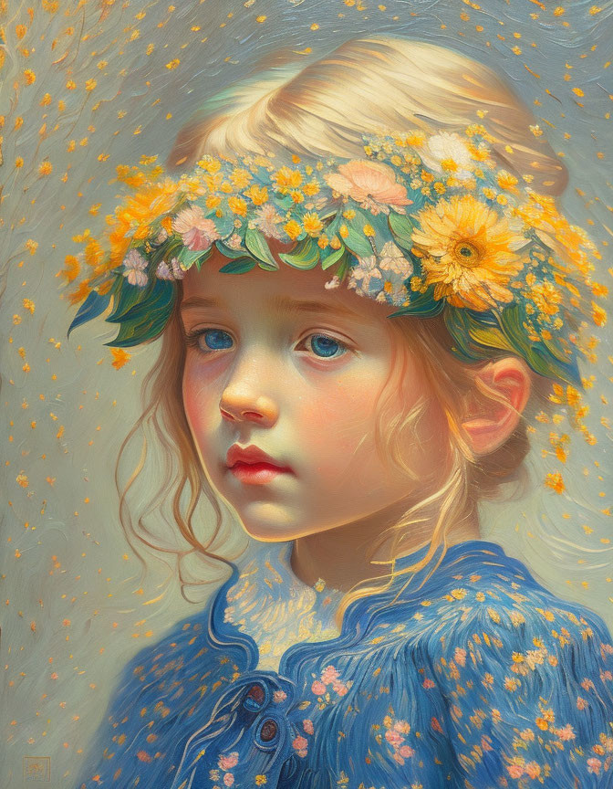 Young girl with blue eyes and blonde hair in flower crown and blue dress against golden specks backdrop