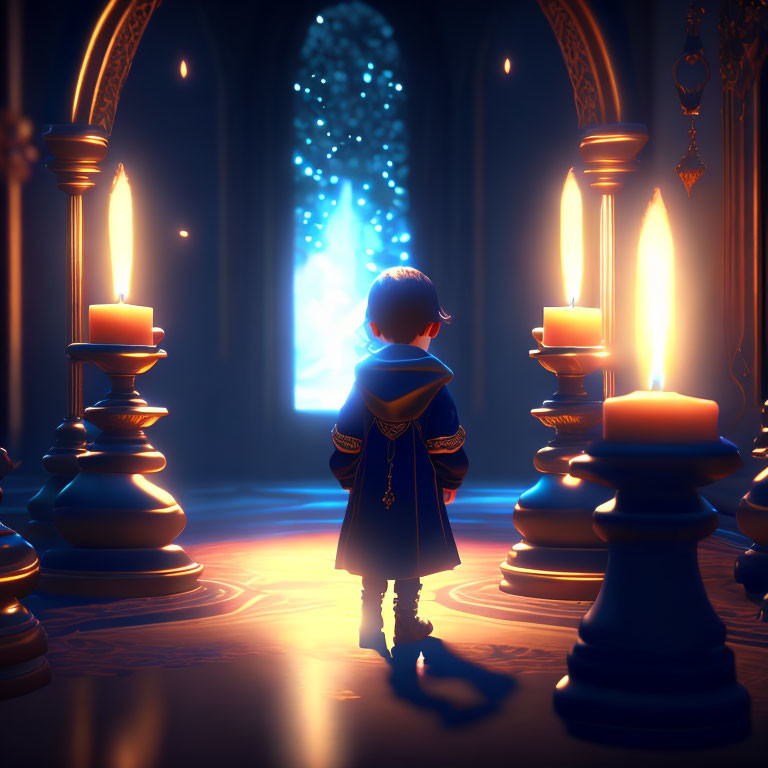Child in Blue Cloak Stands in Candlelit Corridor