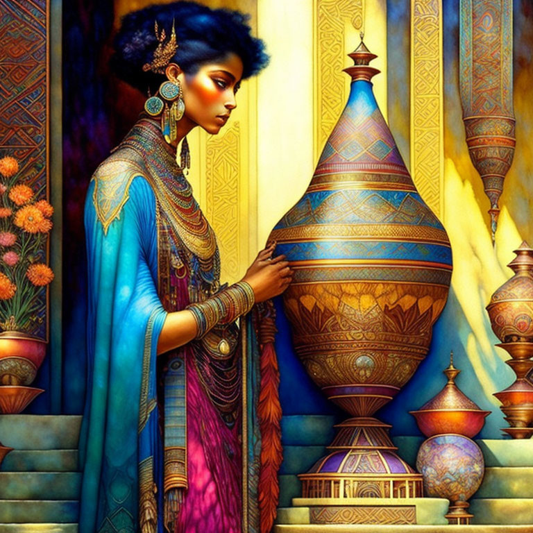 Traditional attire woman with jewelry and vases on ornate backdrop