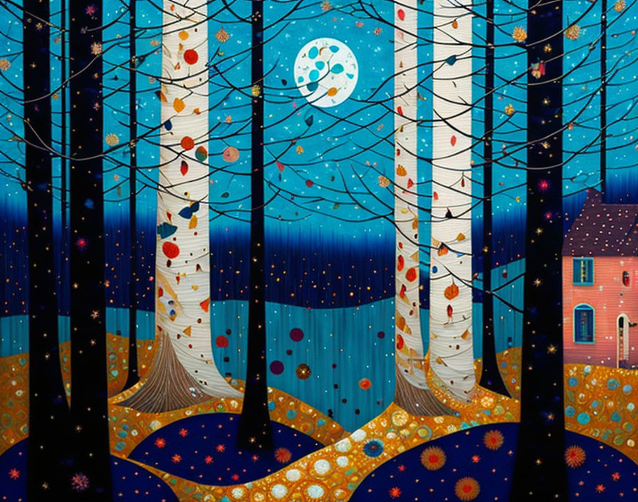 Starry night forest with white birch trees, colorful leaves, crescent moon, pink house &