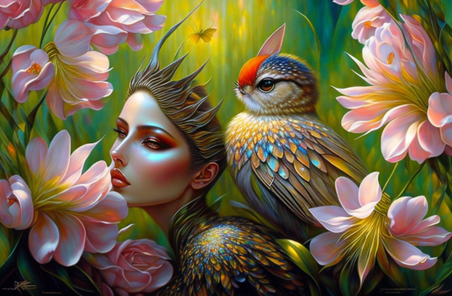 Surreal artwork of woman with bird-like features among blooming flowers