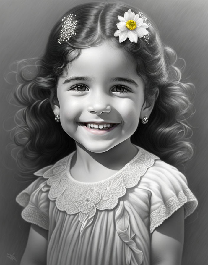 Smiling young girl with curly hair and white flowers in grayscale illustration