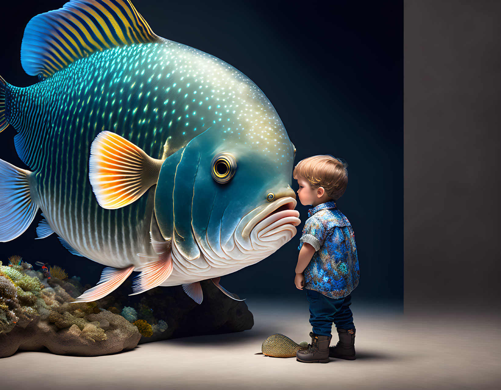 Young boy and giant fish in surreal underwater scene with coral.
