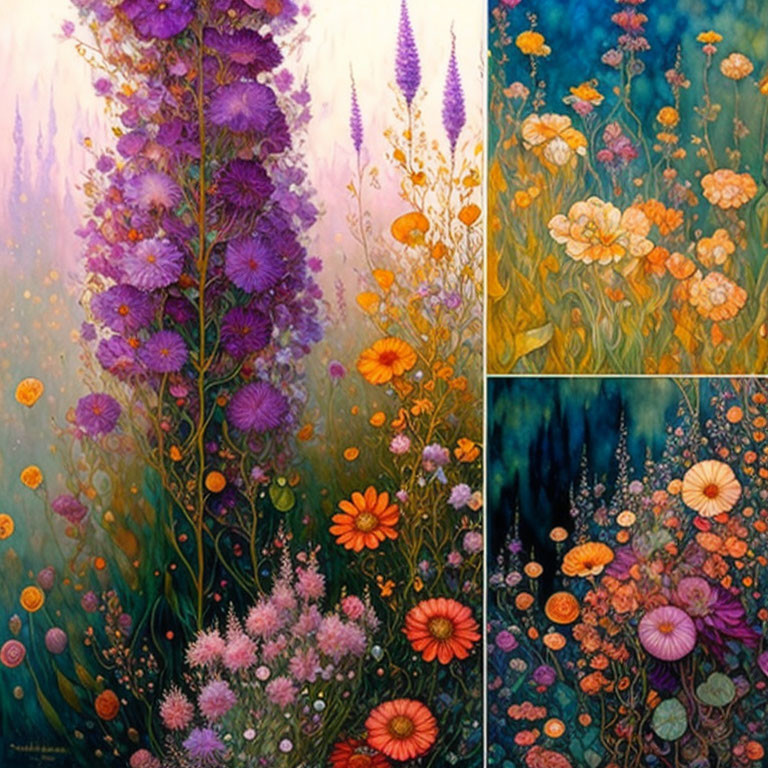 Colorful Wildflower Triptych with Fantasy Elements