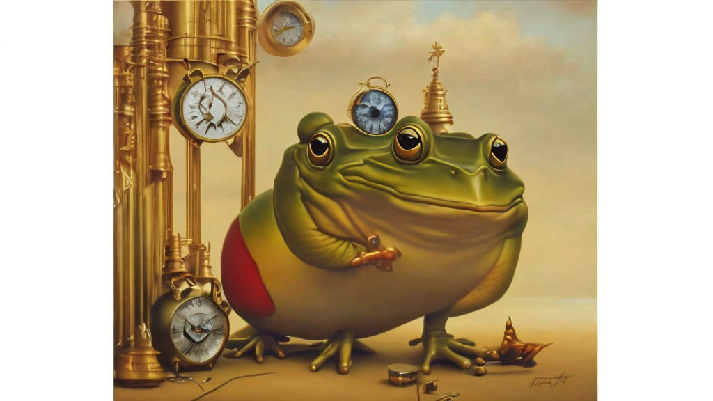 Surreal painting featuring oversized green frog with embedded clock and melting clocks.