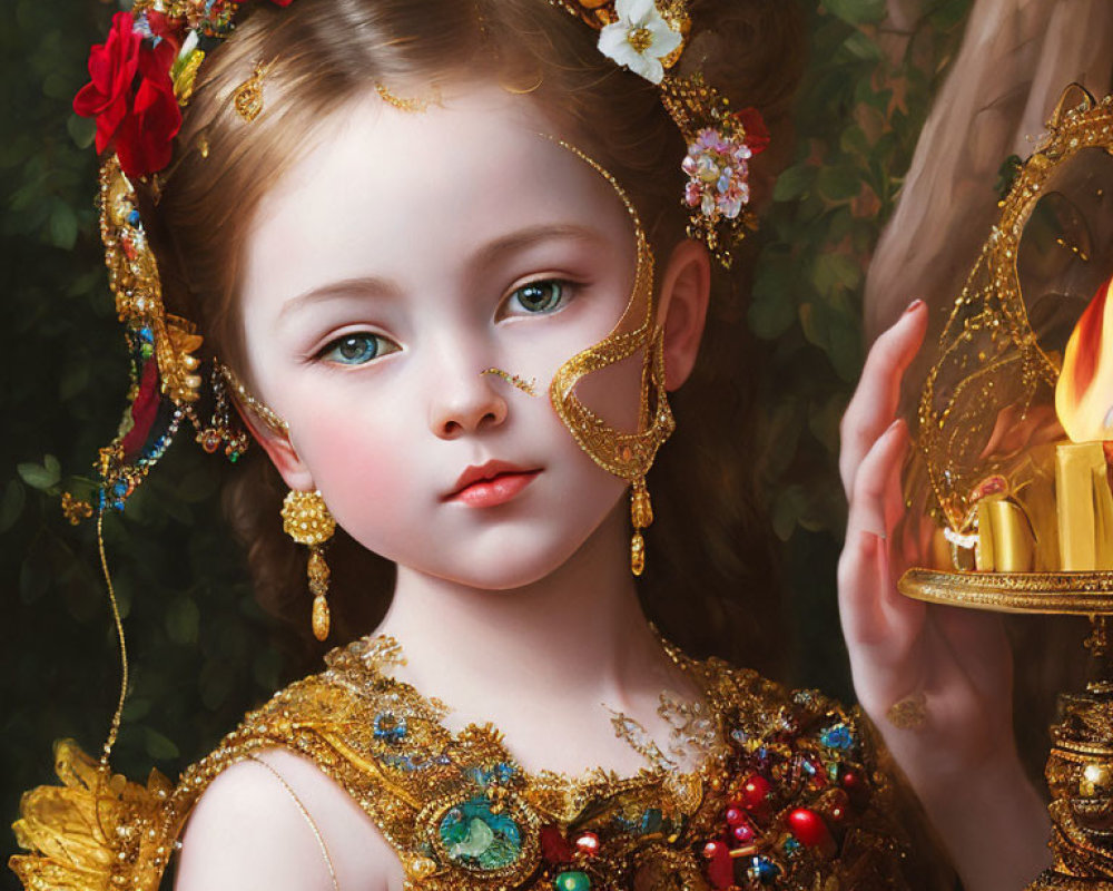 Young girl adorned with jewelry and floral headpiece holding a candle lamp in classical art style