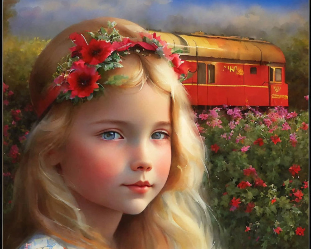 Young girl with floral headband and vintage red train in a blooming flower setting