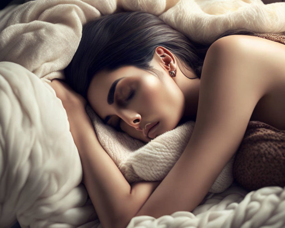 Woman peacefully sleeping on side with knitted blankets