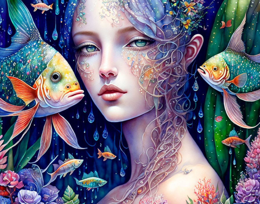 Fantasy illustration: Woman with blue skin, fish, coral, water droplets