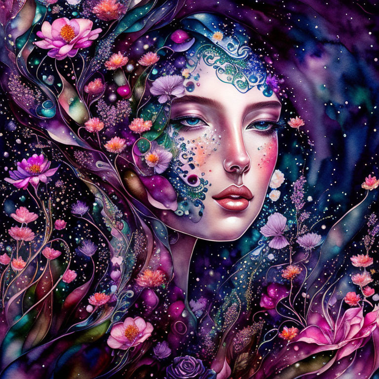 Vibrant portrait of a woman with floral and cosmic motifs