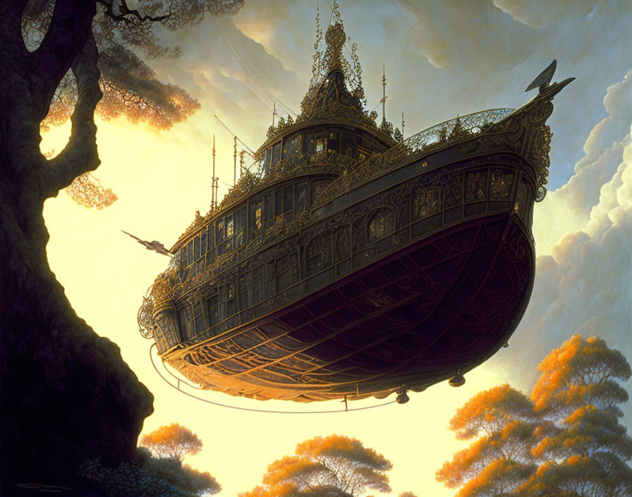 Ornate airship with eagle in dusk sky landscape
