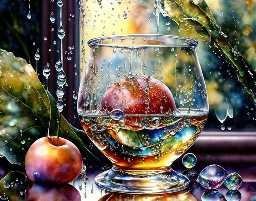 Hyper-realistic painting of glass with liquid, apples, water droplets, marbles, and rainy
