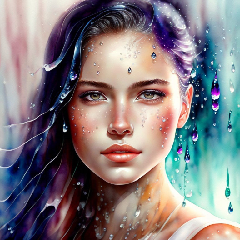 Vibrant-eyed woman with water droplets and colorful tears on abstract background