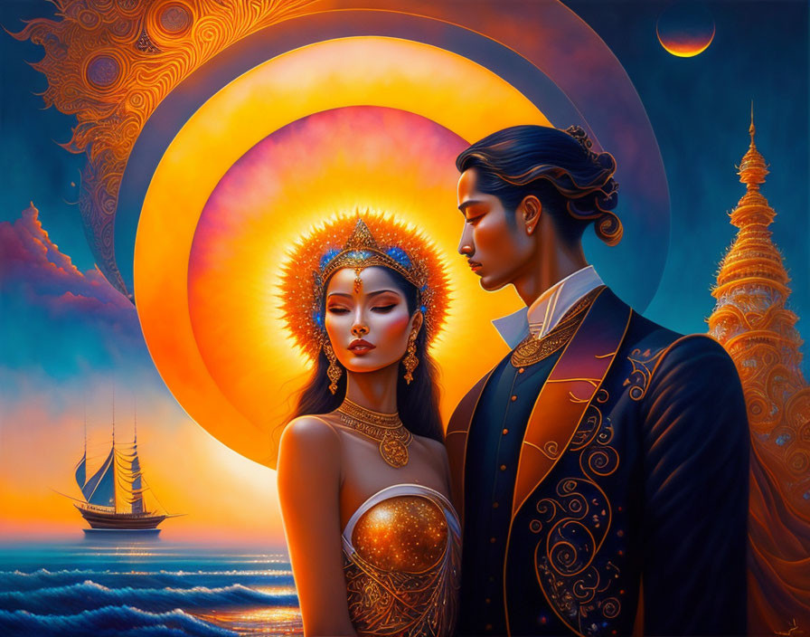 Regal Couple in Ornate Attire Against Sunset with Motifs and Ship