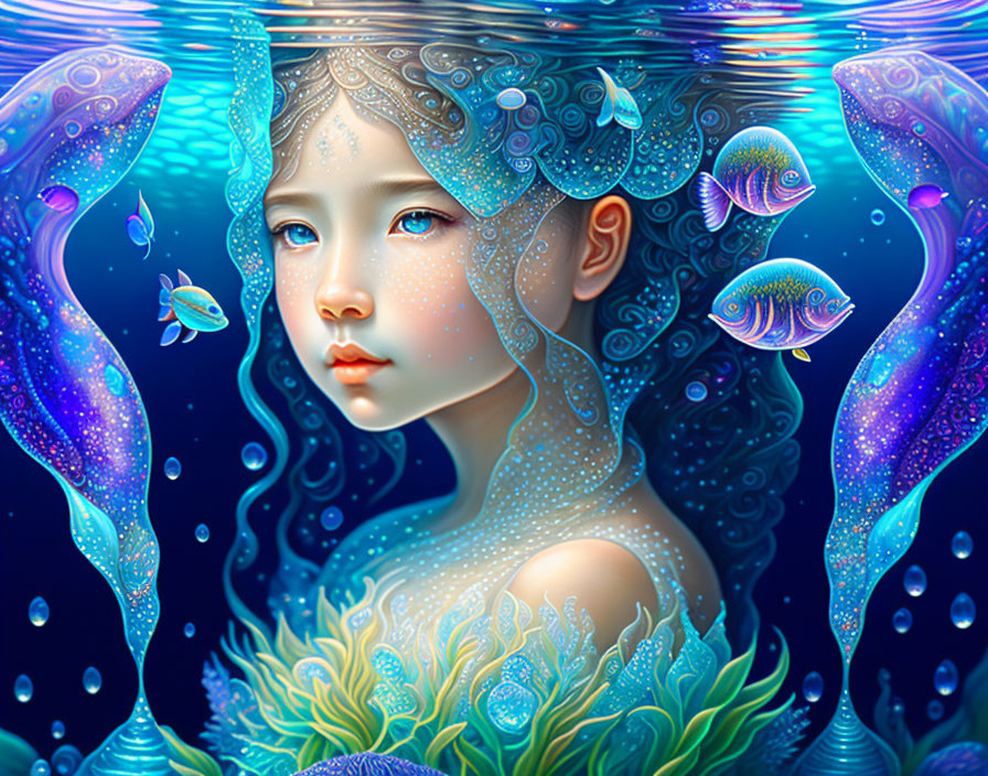 Young girl with aquatic features surrounded by fish in deep sea setting
