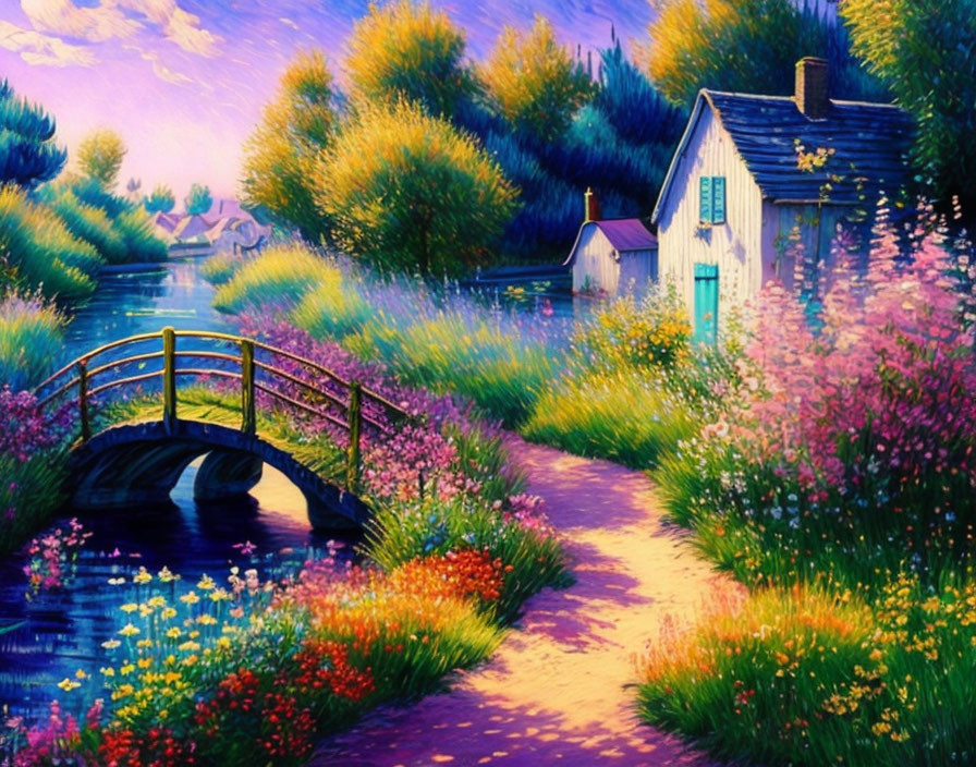 Scenic landscape painting of house by river bridge