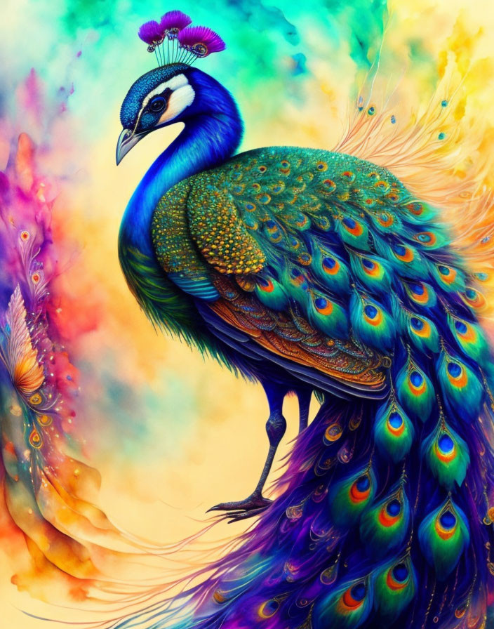 Colorful peacock art against abstract rainbow backdrop