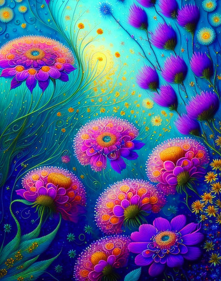 Colorful Stylized Flowers Painting in Purples, Blues, and Yellows