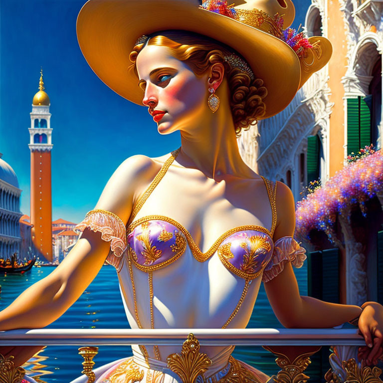 Stylish woman in lavish attire by Venetian canal under blue sky
