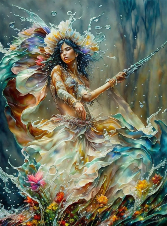 Elaborate headdress dancer in swirling water with spear and flowers
