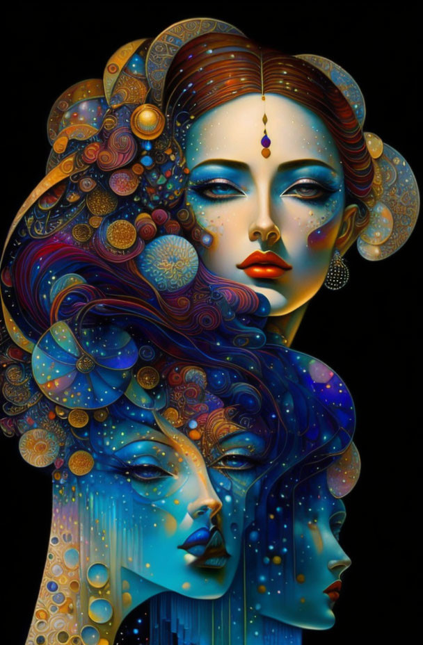 Artistic depiction of two women with celestial hair designs in blue, gold, and brown on black.