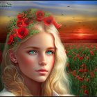 Young girl with floral headband and vintage red train in a blooming flower setting