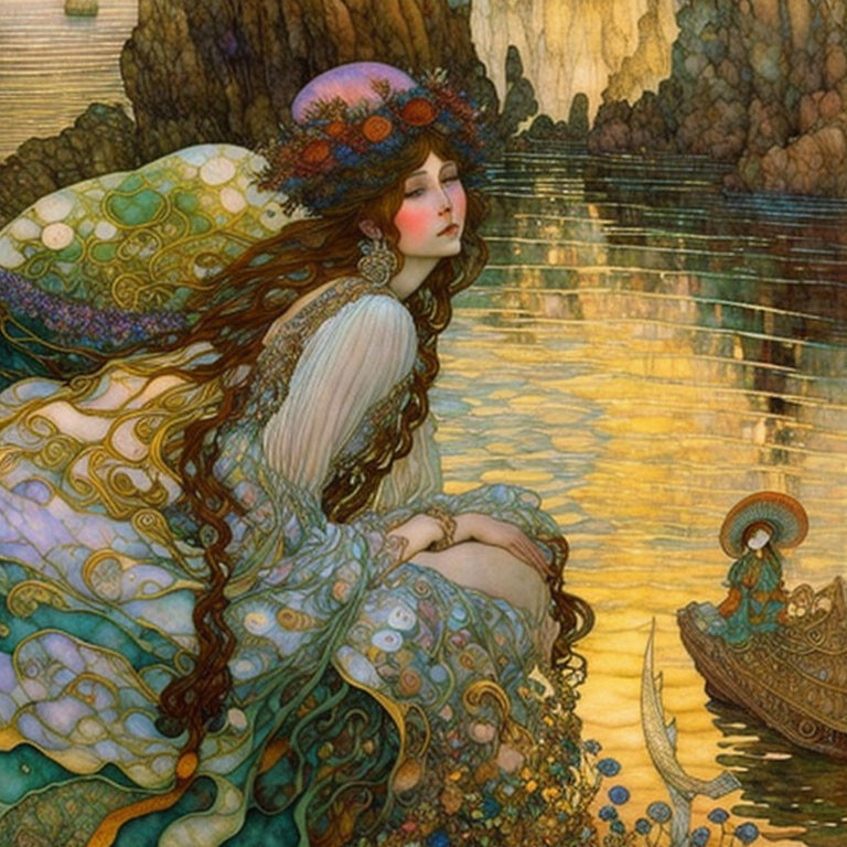 Art Nouveau Style Illustration of Wistful Woman by Water Boat