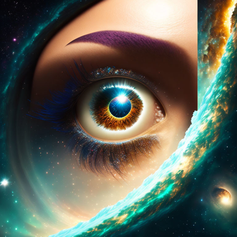 Stylized blue mascara eye on cosmic background with stars, galaxies, and nebulae