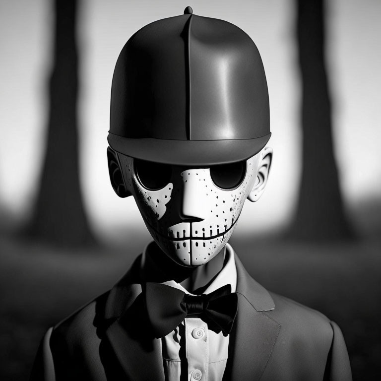 Monochrome stylized figure with skull-like face in helmet and bow tie against tree background