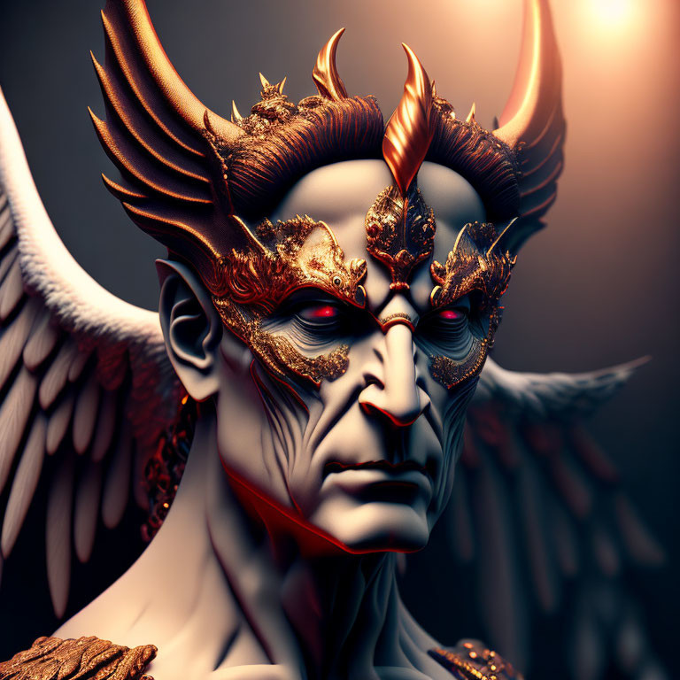 Fantasy-themed digital art: Character with golden horned mask, wings, brooding expression