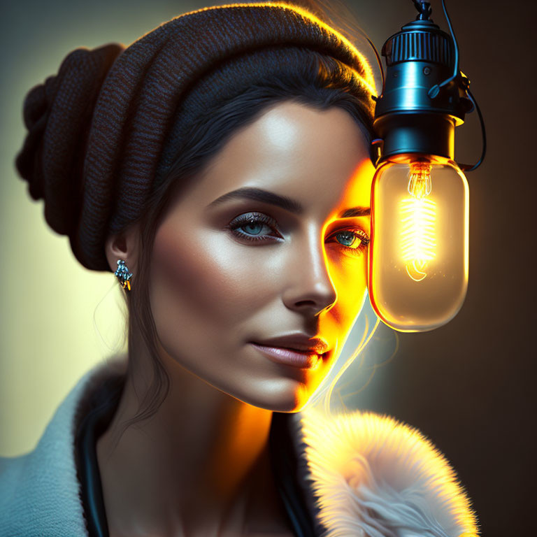 Woman in brown headwrap with glowing light bulb illuminating face